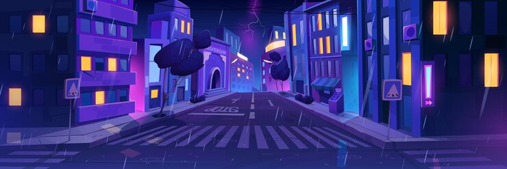 Nuit pluvieuse dans le centre-ville moderne