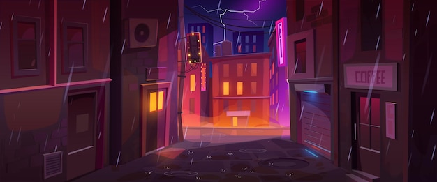 Nuit Pluvieuse En Illustration Vectorielle De Ville Dessin Animé