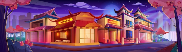 Vecteur gratuit nuit rue de la ville de chine dans la ville moderne illustration vectorielle de vieux bâtiments chinois magasin de thé cuisine traditionnelle restaurant lanternes en papier rouge gratte-ciel urbain étoiles et lune dans le ciel