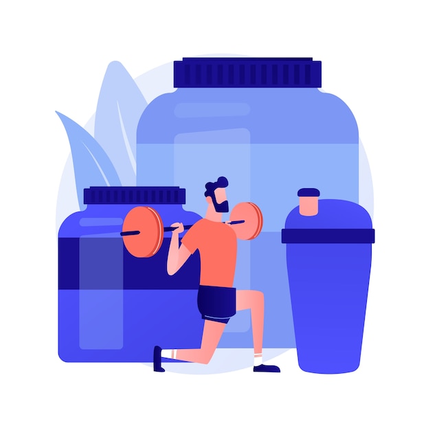 Nutrition sportive. Régime pour améliorer les performances sportives. Vitamines, protéines, suppléments. Sports de force, haltérophilie, musculation. Illustration de métaphore de concept isolé de vecteur