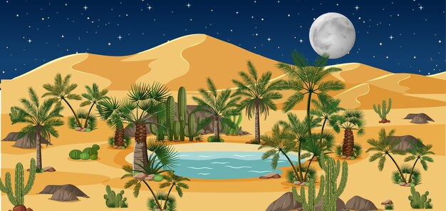 Oasis du désert avec palmiers et paysage naturel de catus pendant la nuit