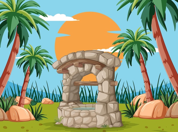 Vecteur gratuit une oasis tropicale avec un puits de pierre