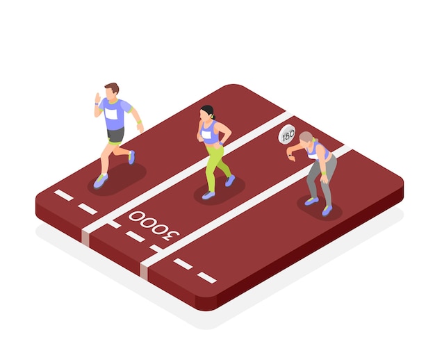 Vecteur gratuit objet isométrique de coureurs de marathon avec deux athlètes en cours d'exécution et une fille arrêtée pour mesurer l'illustration vectorielle du pouls