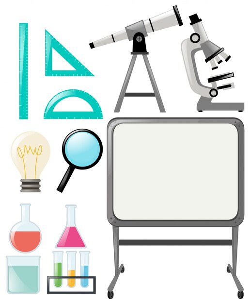 Objets scientifiques et tableau blanc