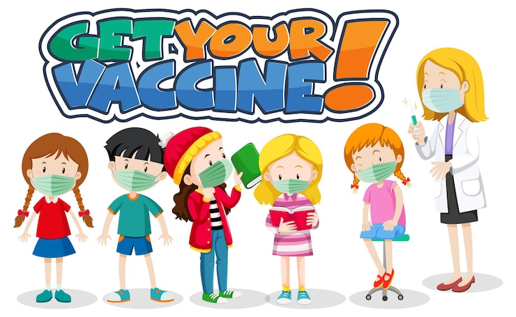 Vecteur gratuit obtenez la police your vaccine avec de nombreux enfants faisant la queue pour se faire vacciner contre le covid-19
