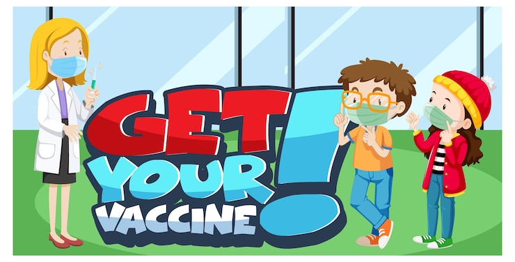 Vecteur gratuit obtenez votre bannière de police de vaccin avec des enfants portant un masque médical et un personnage de dessin animé de médecin