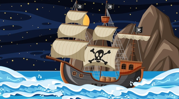 Océan avec bateau pirate en scène de nuit en style cartoon