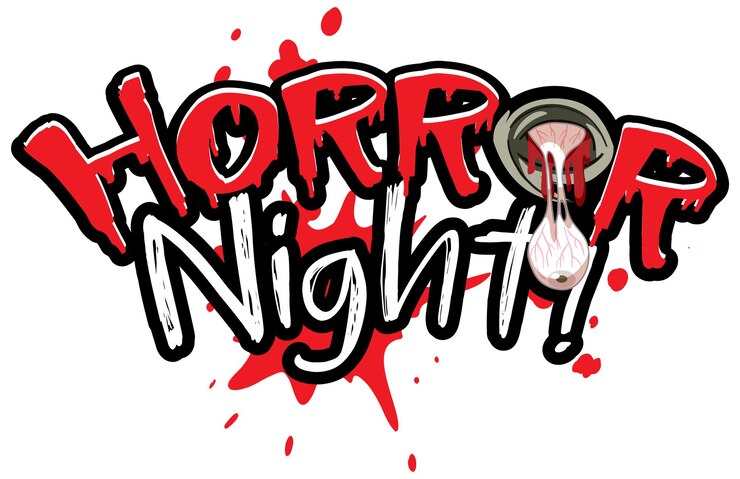 Vecteur gratuit oeil effrayant avec le logo du mot horror night pour halloween