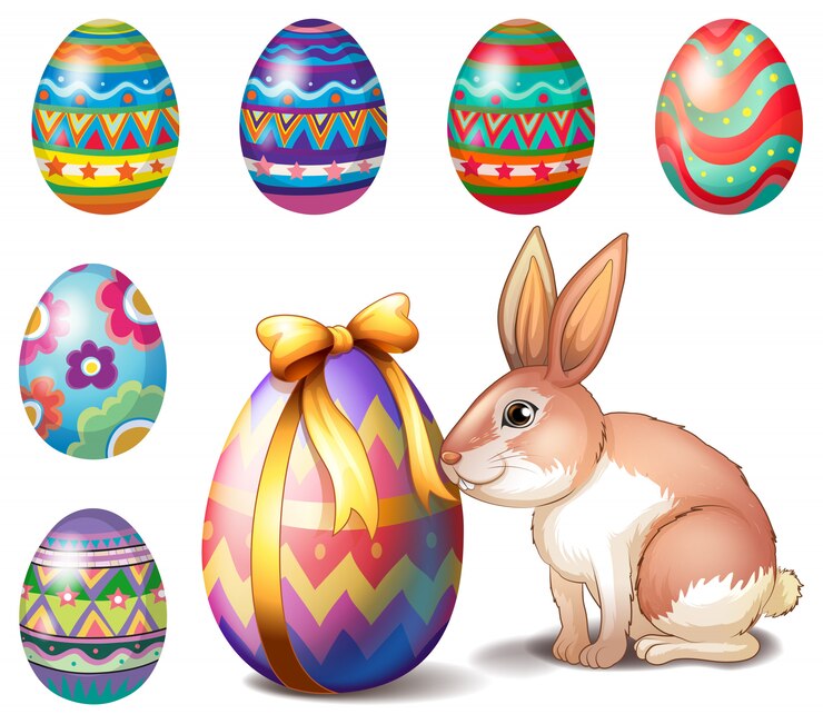 Vecteur gratuit oeufs de pâques colorés et un lapin