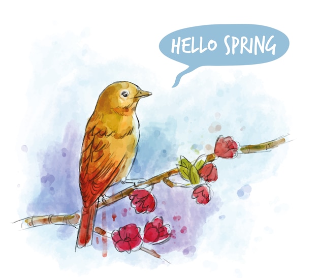 Vecteur gratuit oiseau d'aquarelle carte de printemps