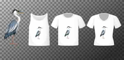 Vecteur gratuit oiseau cigogne en personnage de dessin animé de position de stand avec de nombreux types de chemises sur transparent