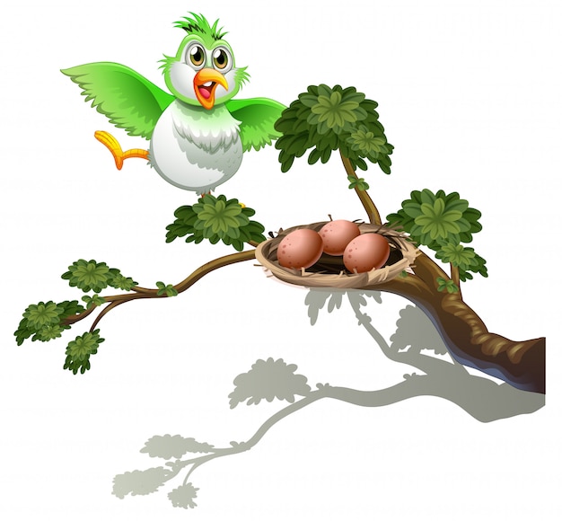 Vecteur gratuit un oiseau mignon à la branche d'un arbre avec un nid