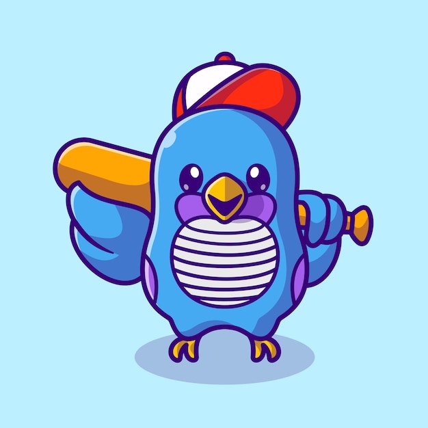 Oiseau Mignon Avec Chapeau Tenant L'icône De Vecteur De Dessin Animé De Batte De Baseball. Concept D'icône De Sport Animal Isolé Vecteur Premium. Style De Dessin Animé Plat