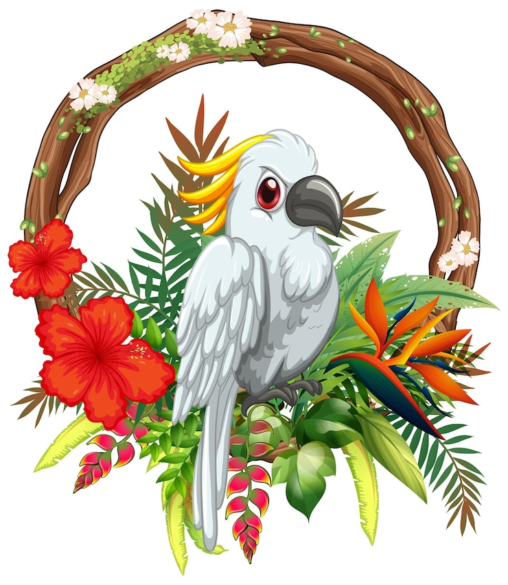 Vecteur gratuit un oiseau tropical avec des fleurs exotiques