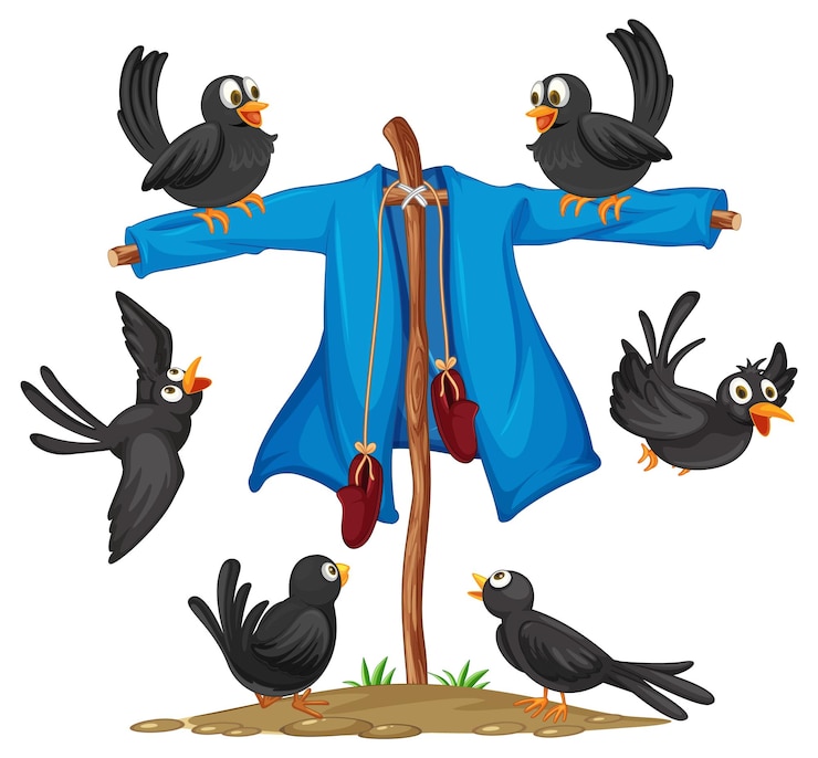 Vecteur gratuit les oiseaux autour d'un épouvantail