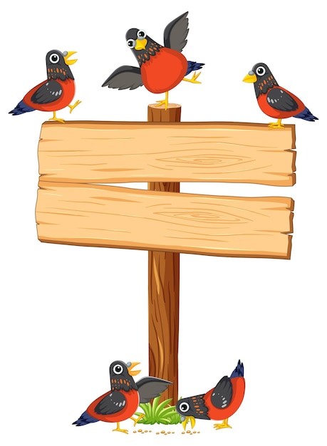 Vecteur gratuit des oiseaux autour d'un panneau de signalisation en bois