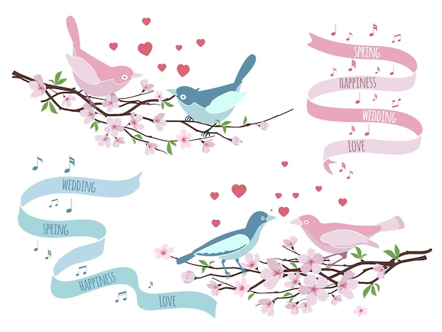 Oiseaux Sur Les Branches Pour Les Invitations De Mariage. Décoration Florale, Amour Et Romantique, Design Floral. Illustration Vectorielle
