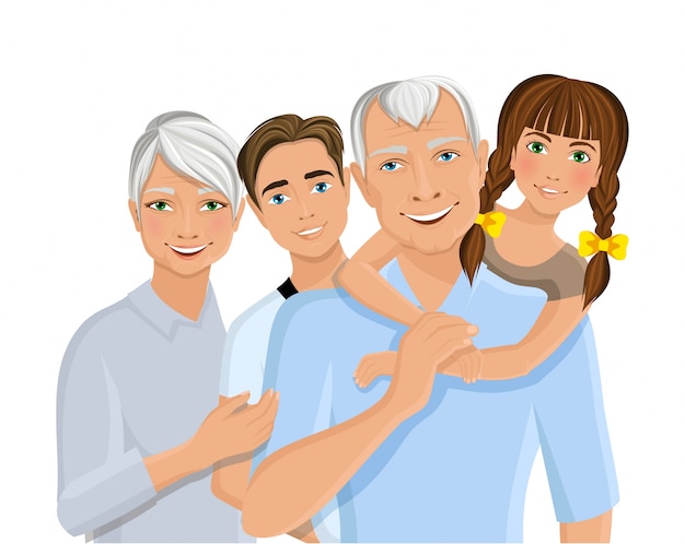 Old Senior People Family Grandparents Couple Avec Petits-enfants Demi-longueur Portrait Illustration Vectorielle
