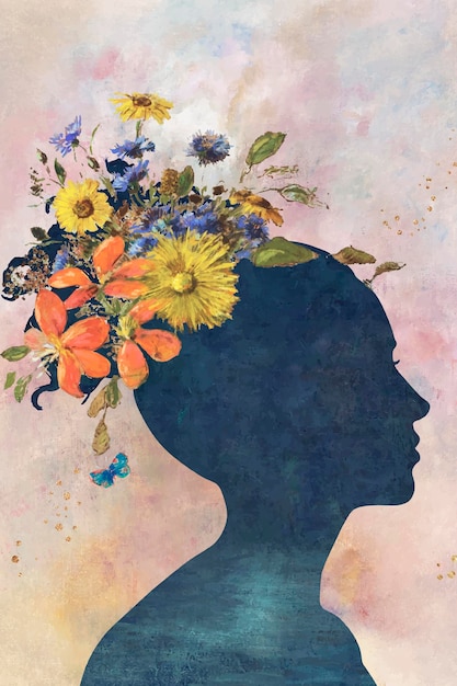 Ombre de femme avec des fleurs sur fond de peinture