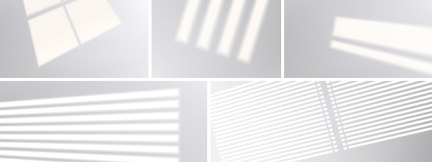 Vecteur gratuit ombres de fenêtre sur le mur, le sol ou le plafond, stores de lumière réalistes, effet de superposition, ombre de jalousie sur fond blanc, lumière du soleil douce dans la maquette de conception graphique de chambre ou de bureau, illustration vectorielle 3d