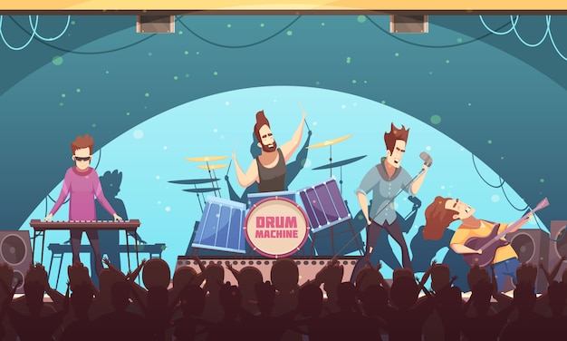 Vecteur gratuit open air festival rockband musique live sur scène bannière de bande dessinée rétro avec des instruments électroniques et public