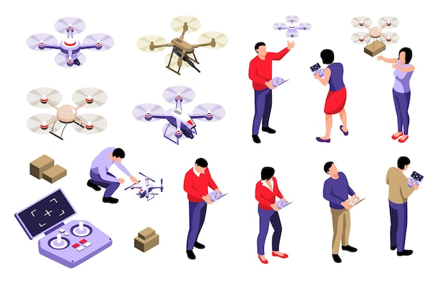 Vecteur gratuit opérateur de drone isométrique ensemble de personnages humains isolés avec des appareils à distance et des drones quadcopter avec illustration vectorielle de joysticks