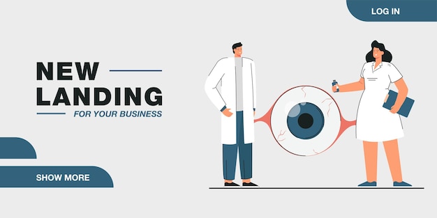 Ophtalmologistes Examinant L'œil Géant Du Patient. Professionnel De La Santé Diagnostiquant L'illustration Vectorielle Plane De L'organe Visuel Humain. Médecine, Soins De Santé, Concept D'optométrie Pour Bannière, Conception De Site Web