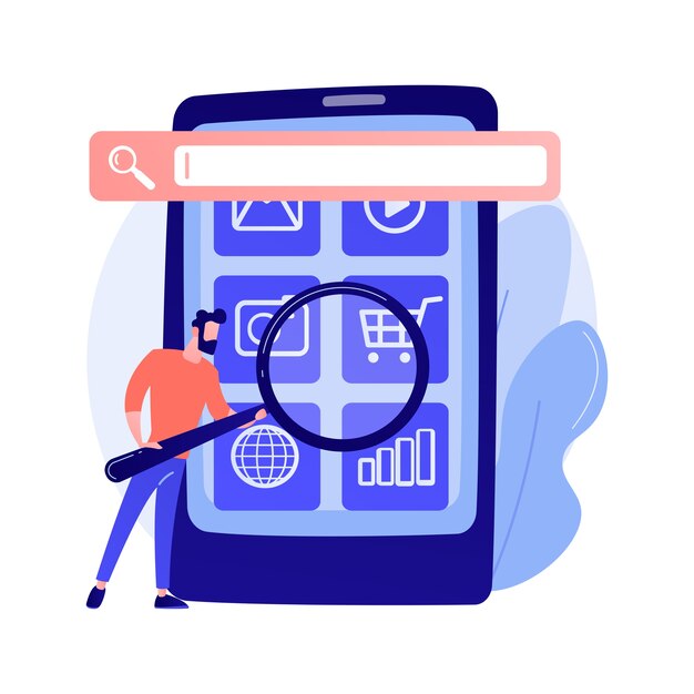 Optimisation du moteur de recherche. Promotion en ligne. Personnage de dessin animé de smm manager. Paramètres mobiles, ajustement des outils, plateforme métier. Illustration de concept d'analyse de site Web