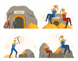 Vecteur gratuit or exploitation minière ouvrier mineur travailleurs exploitation minière extraction de minéraux dans la mine et à la surface