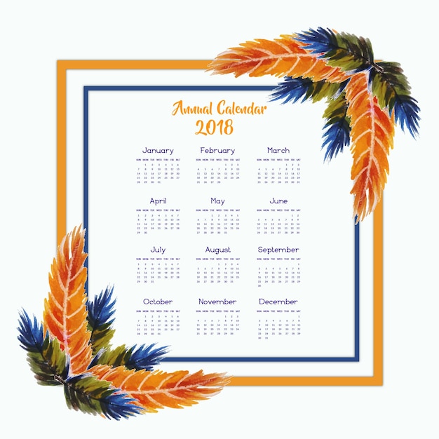 Orange Et Bleu Calendrier Des Plumes De Couleur De L'eau 2018