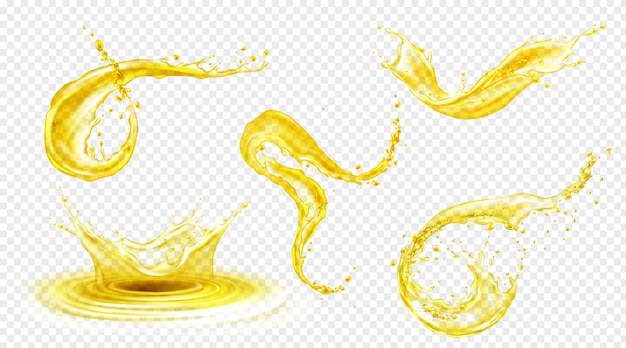 Orange, jus de citron ou éclaboussures d'huile, la boisson jaune liquide coule avec des gouttes. Éléments de boisson aux fruits pour la publicité ou la conception d'emballage. Éclaboussures fraîches et jets fluides, dégouline ensemble 3d réaliste