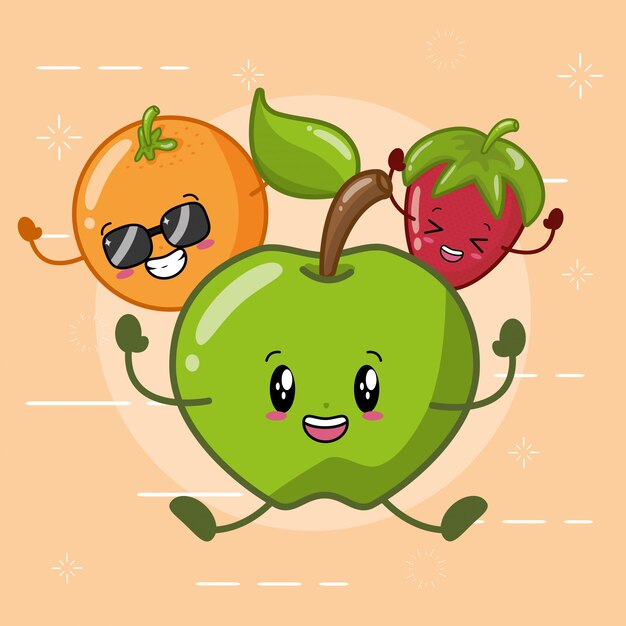 Orange, pomme verte et fraise souriant dans un style kawaii.