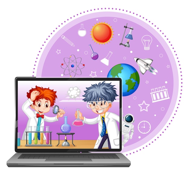 Vecteur gratuit ordinateur portable avec personnage de dessin animé pour enfant scientifique