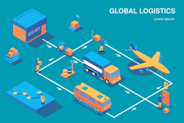 Vecteur gratuit organigramme de composition horizontale de logistique isométrique avec vue sur les personnages humains et divers véhicules connectés avec des flèches vector illustration