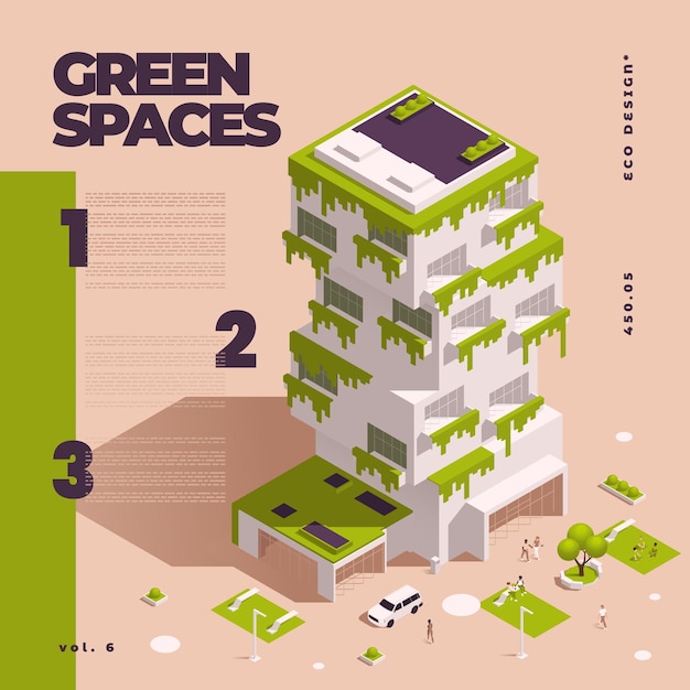 Vecteur gratuit organigramme isométrique de conception écologique des espaces verts de la ville urbaine avec de grandes descriptions et illustration vectorielle de points