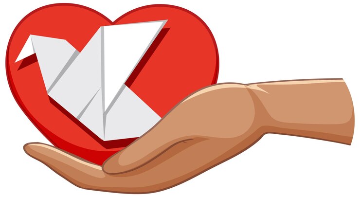 Vecteur gratuit origami classique d'oiseau et coeur avec la main humaine