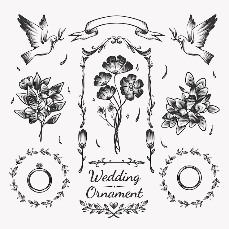 Vecteur gratuit ornements d'album de mariage dessinés à la main