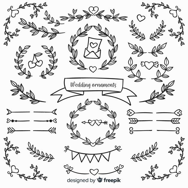 Ornements de mariage floral dessinés à la main