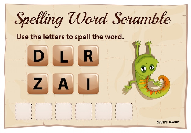 Vecteur gratuit orthographe jeu de brouillage de mot avec le mot lézard