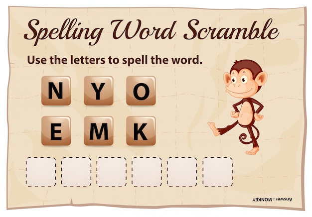 Vecteur gratuit orthographe jeu de brouillage de mot avec le mot singe