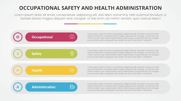 Vecteur gratuit osha le modèle d'infographie de l'administration de la sécurité et de la santé au travail pour la présentation de diapositives avec une longue pile de boîtes rectangulaires rondes liste de 4 points avec un vecteur de style plat