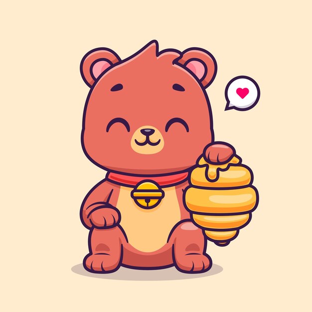 Ours mignon assis avec nid d'abeille Cartoon Vector Icon Illustration Icône de la nature animale isolée à plat