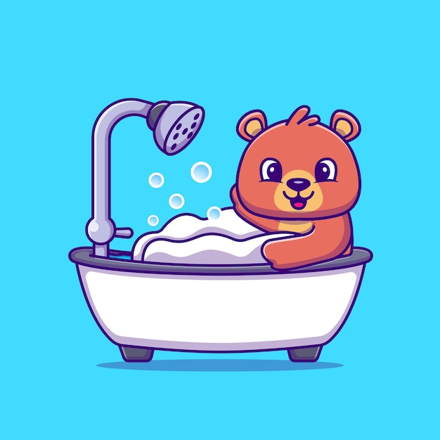 Vecteur gratuit ours mignon baignade douche dans la baignoire cartoon vector illustration. vecteur isolé de concept animal. style de bande dessinée plat