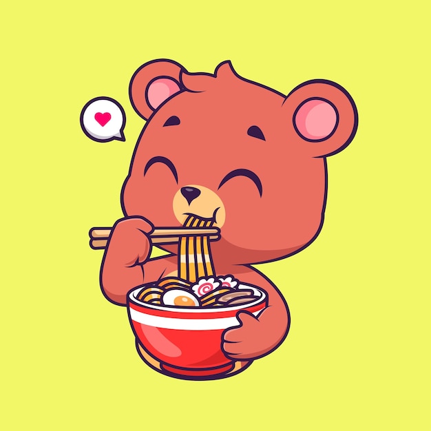 Ours Mignon Mangeant Des Nouilles Ramen Dessin Animé Vecteur Icône Illustration Nourriture Animale Icône Concept Isolé