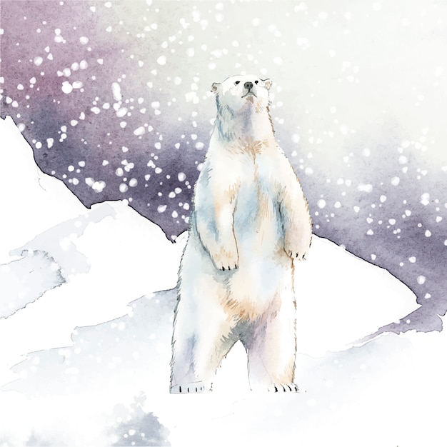 Ours polaire dessinés à la main dans le vecteur de style aquarelle neige