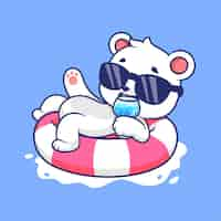 Vecteur gratuit l'ours polaire mignon refroidit sur des pneus de natation avec du jus icon de dessin animé vectoriel illustration vacances d'animaux