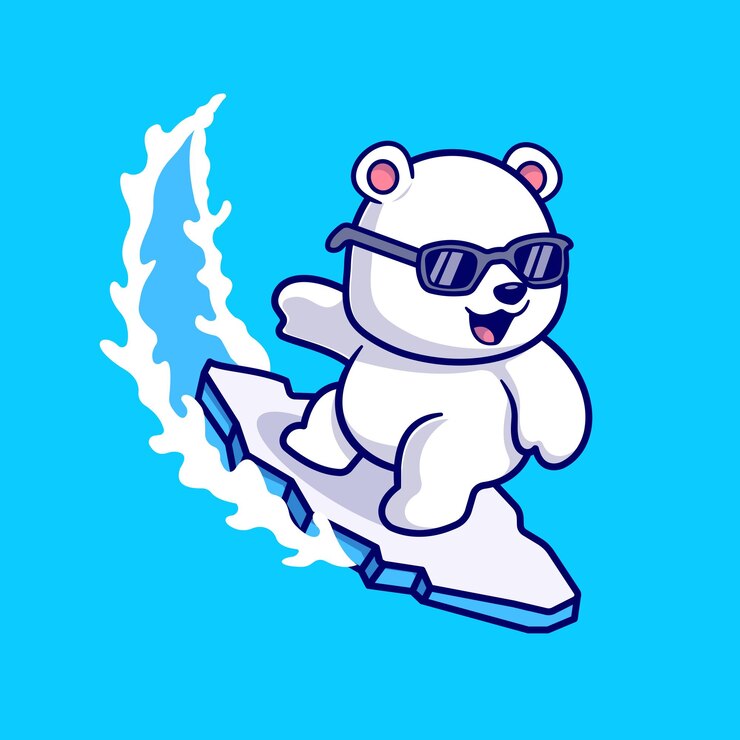 Vecteur gratuit ours polaire mignon surfant avec des lunettes sur l'illustration d'icône de vecteur de dessin animé de glace. sport animalier isolé