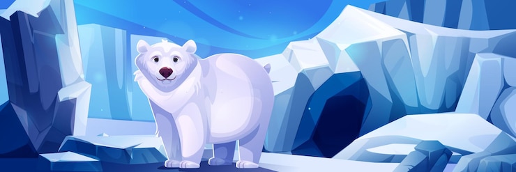 Vecteur gratuit l'ours polaire se tient près de l'entrée d'une grotte glaciaire arctique