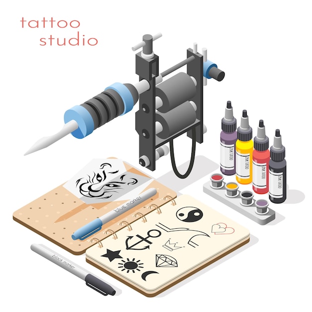 Les outils d'accessoires de studio de tatouage fournissent une composition isométrique avec des croquis de conception d'encre