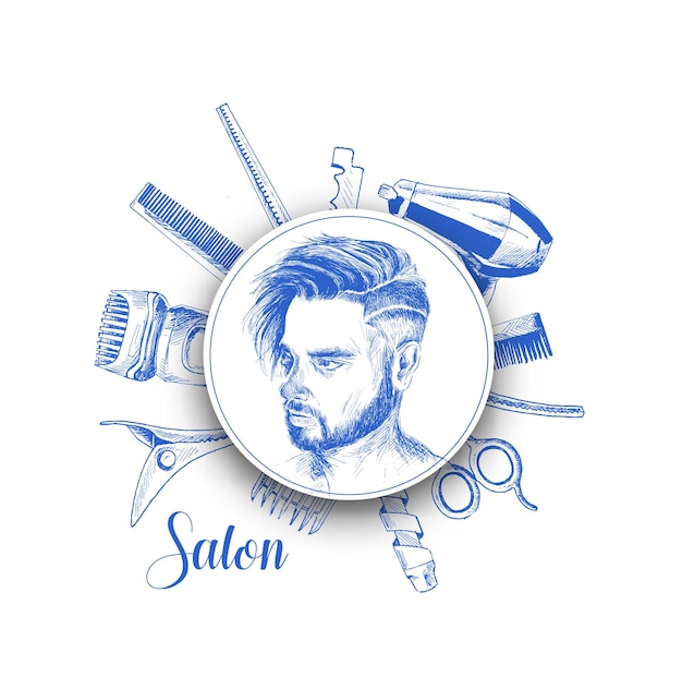 Outils De Coiffeur Professionnel Avec Homme Hipster Illustration Vectorielle De Croquis Dessinés à La Main
